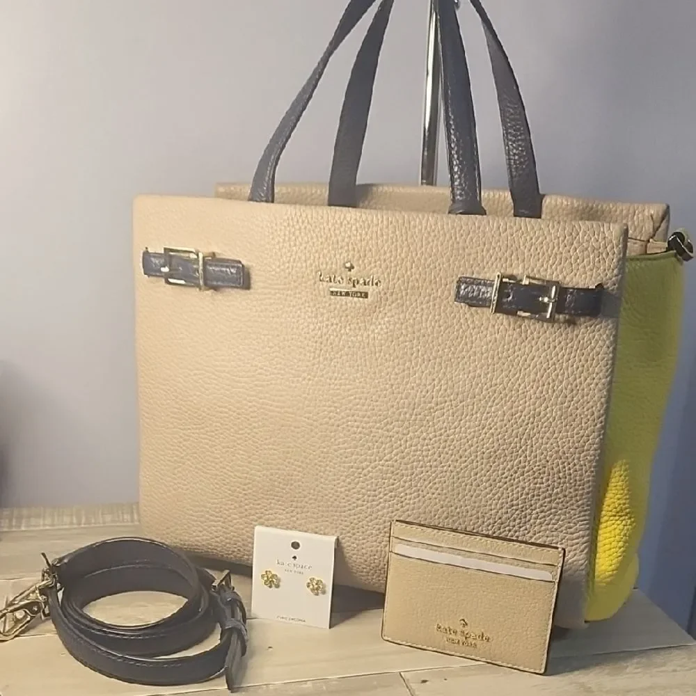 Kate Spade Tan and Yellow Bag w/ Navy Accents Bundle